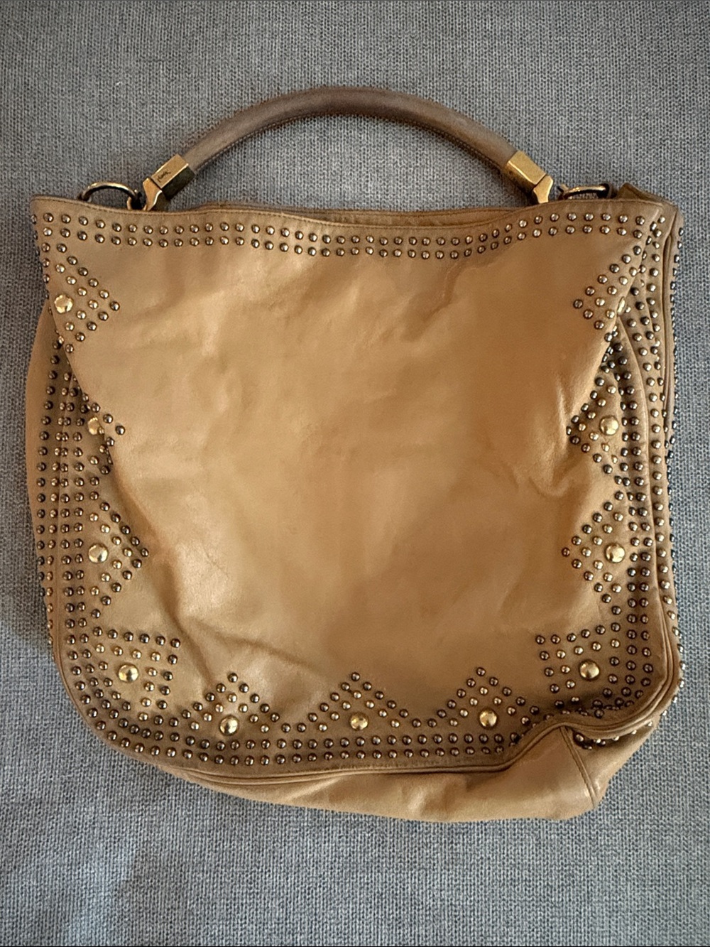 YSL Studded Tan Leather Tote Bag